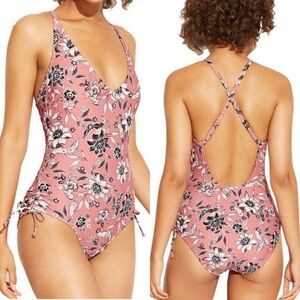 Kona Sol Dusty Rose Crisscross One Piece Swimsuit with side Rouching - size M